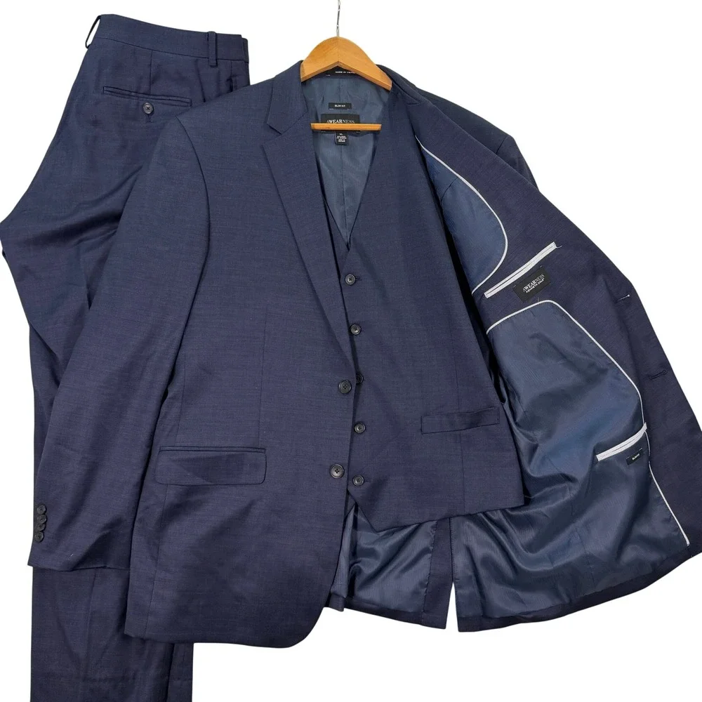 Awearness Kenneth Cole Mens 46L 3-Piece Suit Vest Blue Slim Fit Wool Blend 36x31 - Picture 1 of 16